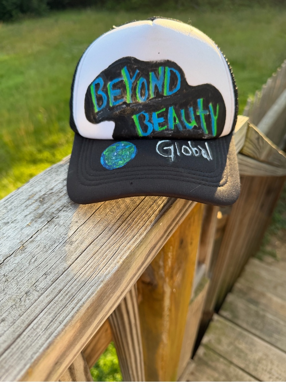 Custom Hand Painted Beyond Beauty Global Trucker Snapback Hat